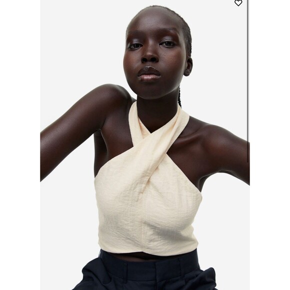 HM Cropped Halterneck Top Women’s Size Medium Beige Tie Back Sexy Feminine - Picture 1 of 8